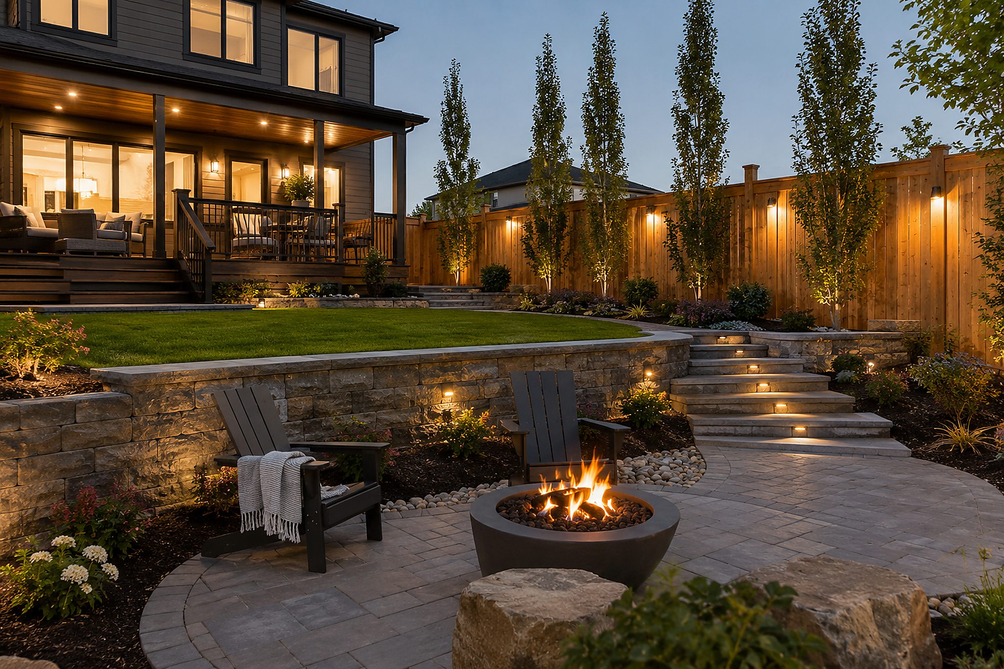 Finished residential backyard with house, patio, and lawn